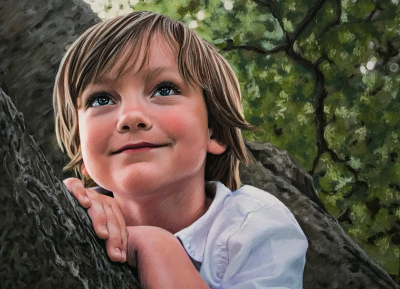 Boy in tree pastel portrait