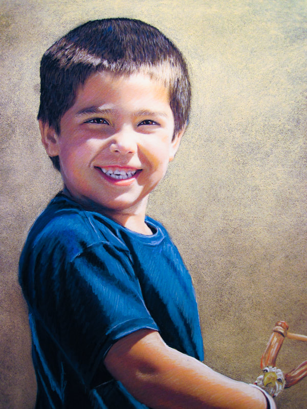 Boy with slingshot pastel portrait