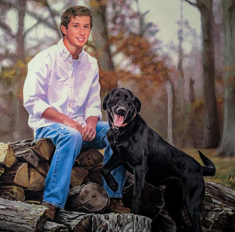 Young man and his dog pastel portrait